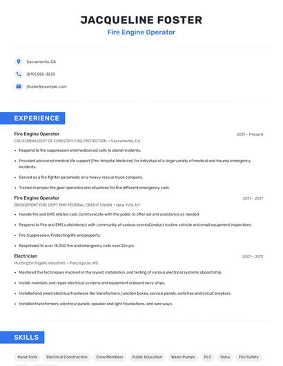 Fire Engine Operator Resume