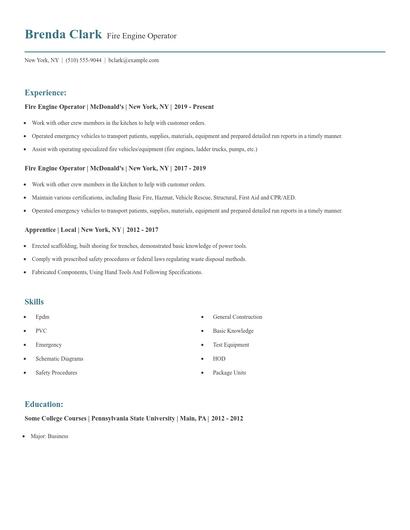 Fire Engine Operator Resume