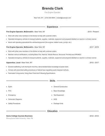 Fire Engine Operator Resume