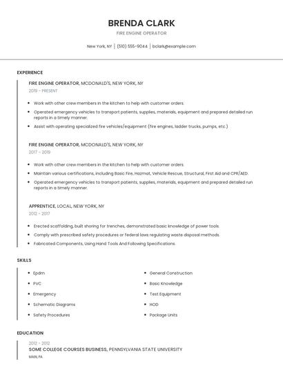 Fire Engine Operator Resume