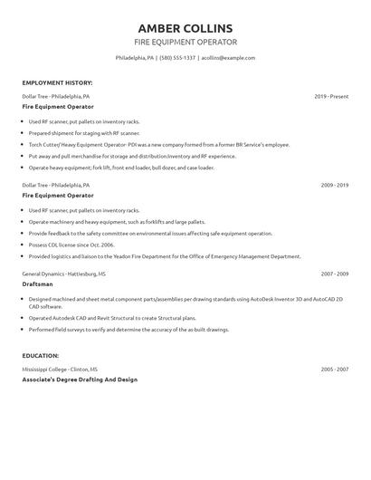 Fire Equipment Operator Resume