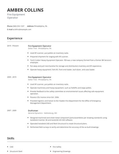 Fire Equipment Operator Resume