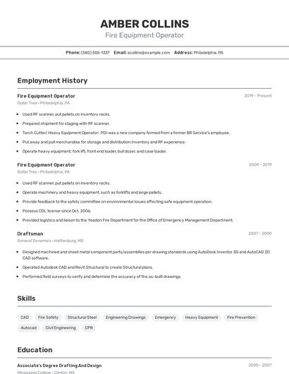 Fire Equipment Operator Resume