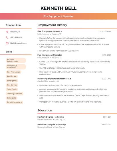Fire Equipment Operator Resume