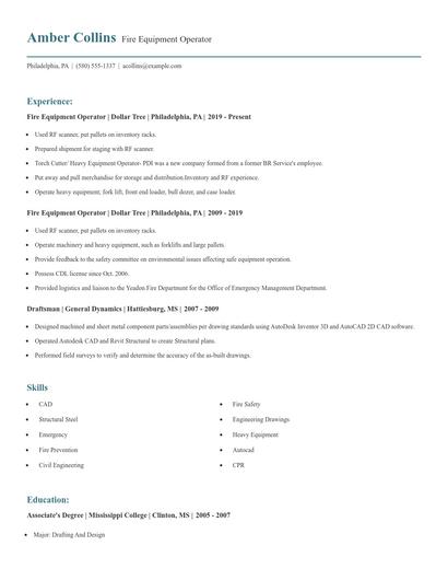 Fire Equipment Operator Resume