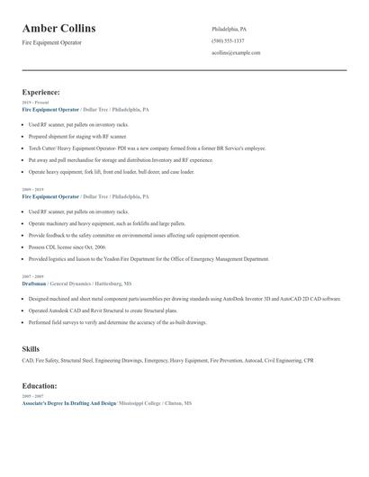 Fire Equipment Operator Resume