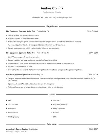 Fire Equipment Operator Resume