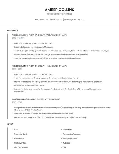 Fire Equipment Operator Resume