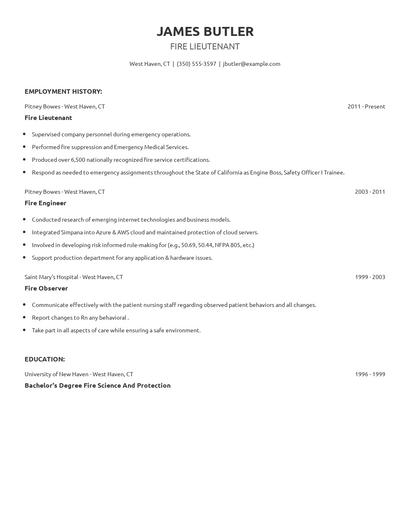 Fire Lieutenant Resume