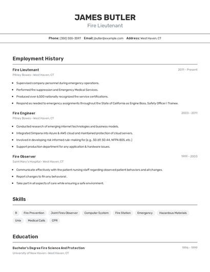 Fire Lieutenant Resume