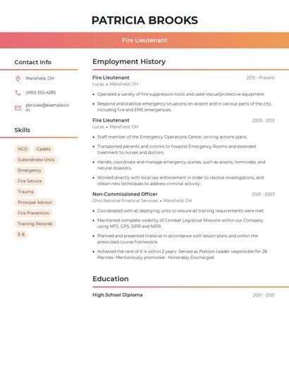 Fire Lieutenant Resume