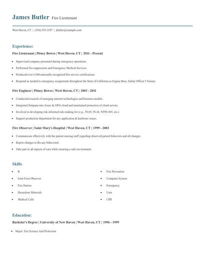Fire Lieutenant Resume