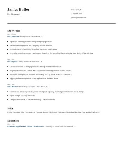 Fire Lieutenant Resume