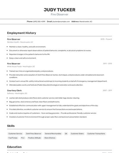 Fire Observer Resume