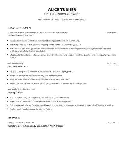Fire Prevention Specialist Resume