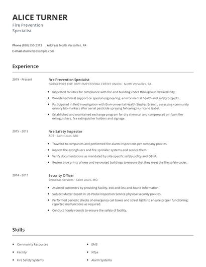 Fire Prevention Specialist Resume
