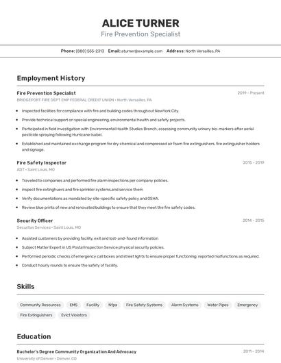 Fire Prevention Specialist Resume
