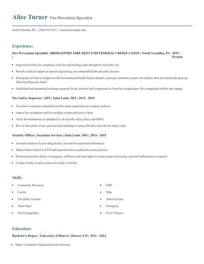 Fire Prevention Specialist Resume