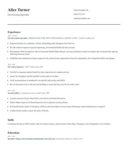 Fire Prevention Specialist Resume