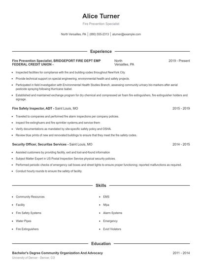 Fire Prevention Specialist Resume