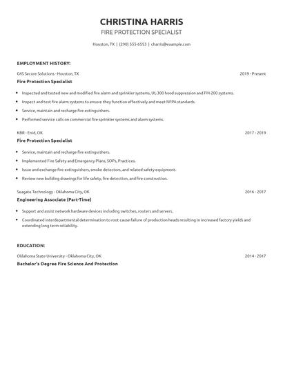 Fire Protection Specialist Resume