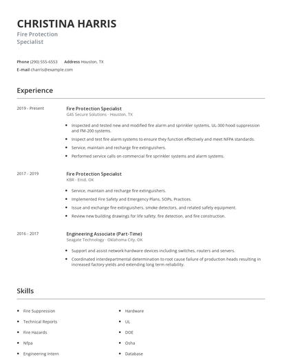 Fire Protection Specialist Resume