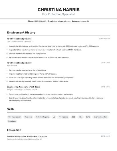 Fire Protection Specialist Resume