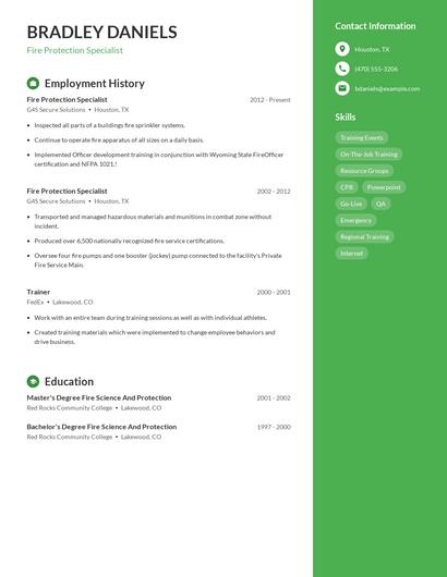 Fire Protection Specialist Resume