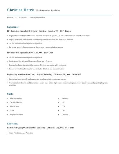 Fire Protection Specialist Resume