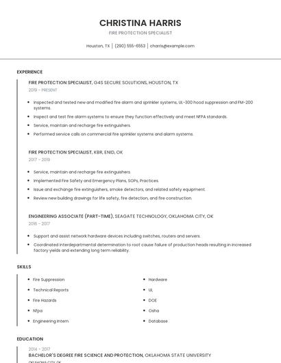 Fire Protection Specialist Resume