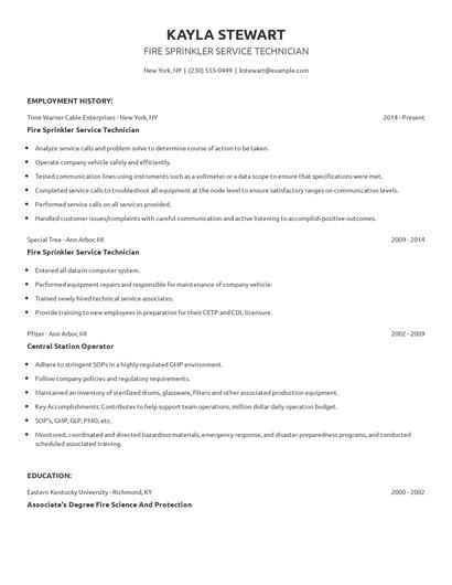 Fire Sprinkler Service Technician Resume