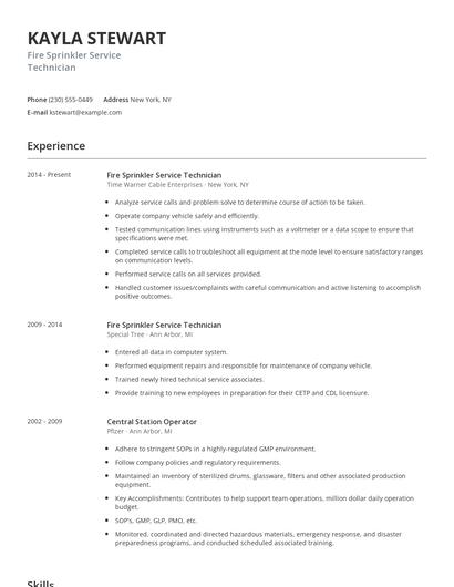 Fire Sprinkler Service Technician Resume