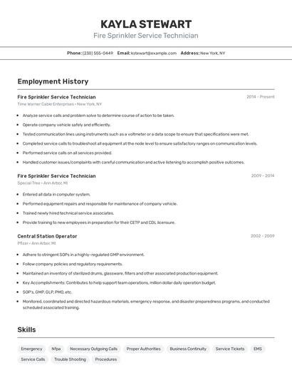 Fire Sprinkler Service Technician Resume