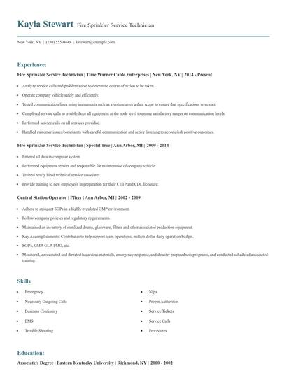 Fire Sprinkler Service Technician Resume