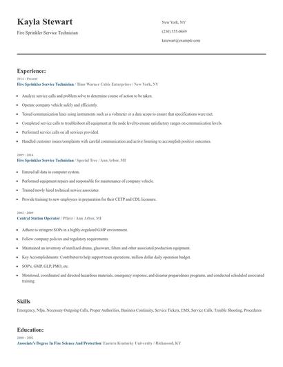 Fire Sprinkler Service Technician Resume