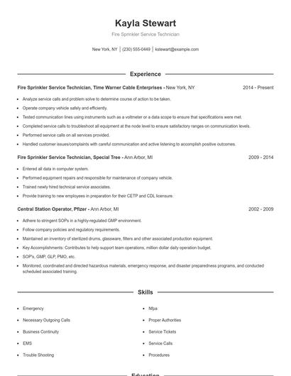Fire Sprinkler Service Technician Resume