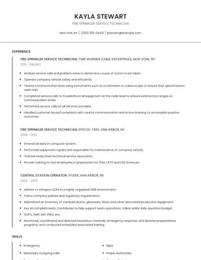 Fire Sprinkler Service Technician Resume