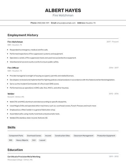 Fire Watchman Resume