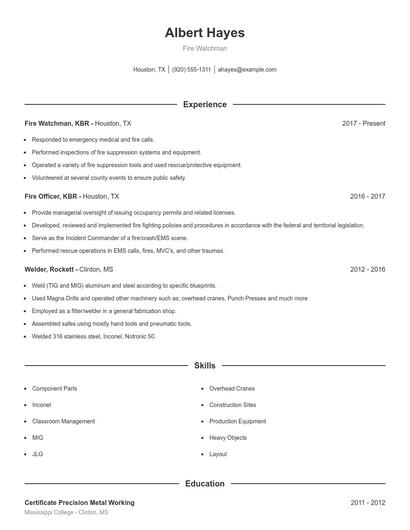 Fire Watchman Resume