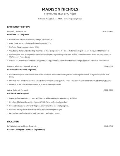 Firmware Test Engineer Resume