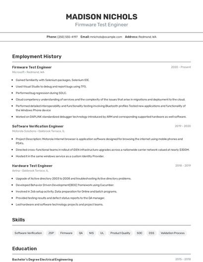 Firmware Test Engineer Resume