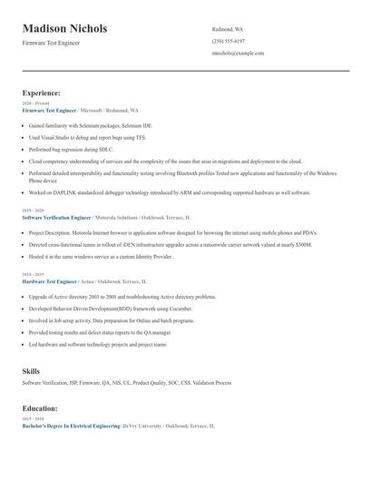 Firmware Test Engineer Resume
