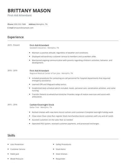 First-Aid Attendant Resume