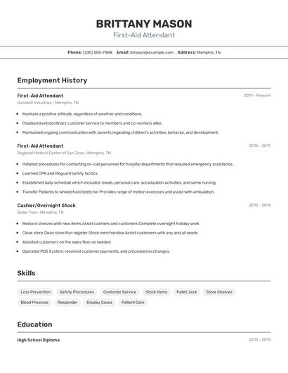 First-Aid Attendant Resume