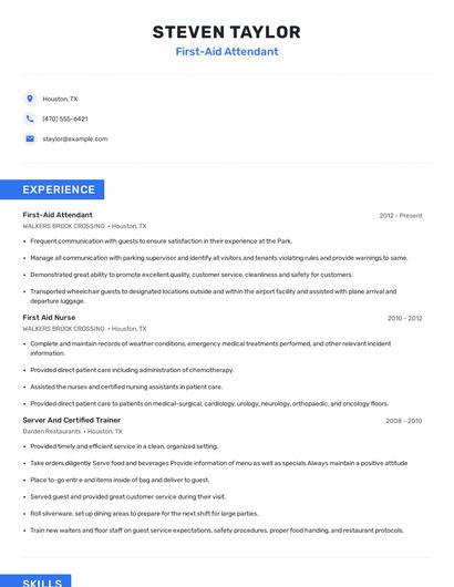 First-Aid Attendant Resume