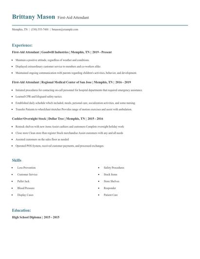 First-Aid Attendant Resume