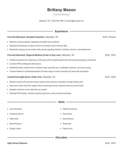 First-Aid Attendant Resume
