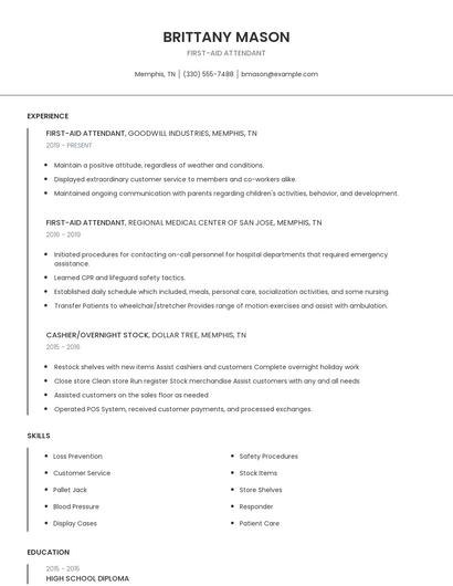 First-Aid Attendant Resume