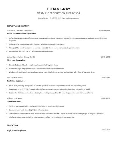 First-Line Production Supervisor Resume