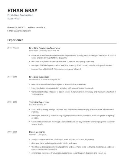 First-Line Production Supervisor Resume